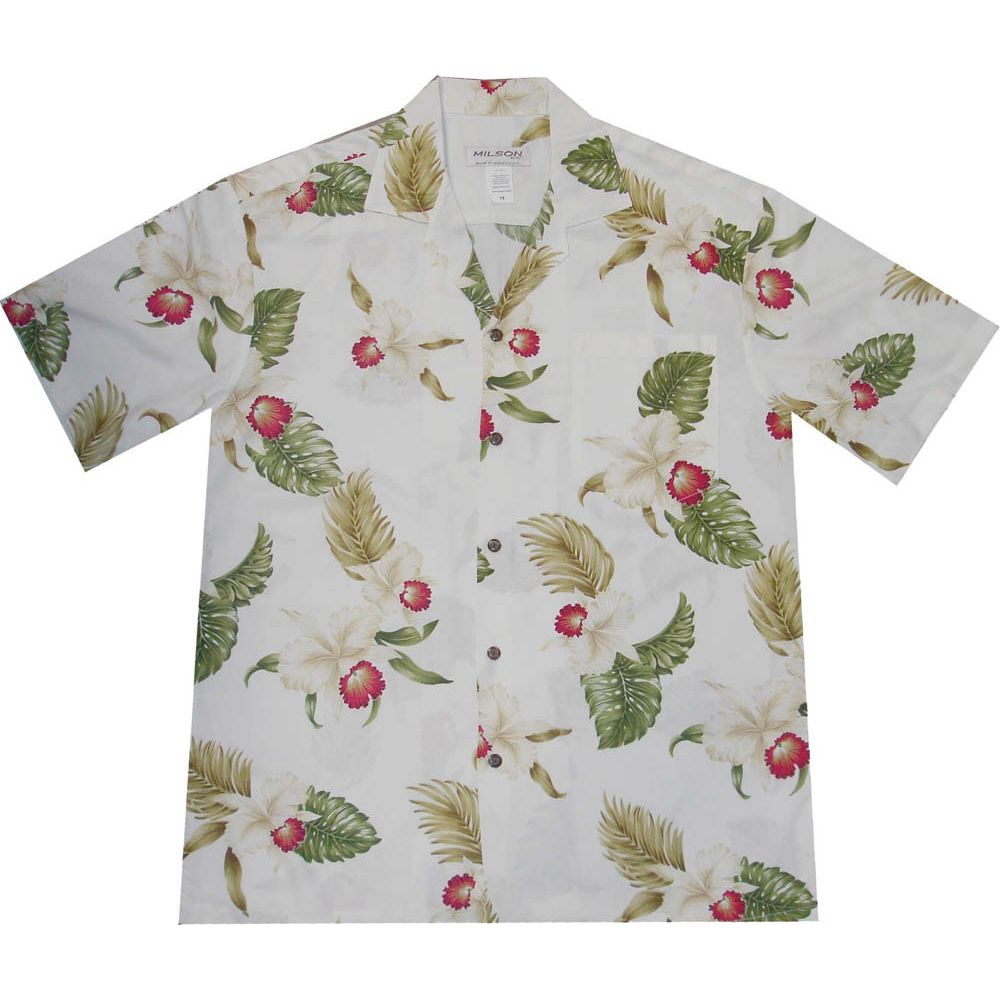 AL-816W - Makaha Orchid White Rayon Mens Aloha Shirt