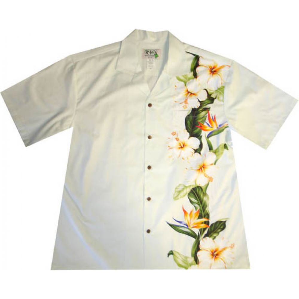 ALB-437W- Hibiscus Shining Panel White Cotton Mens Hawaiian Shir