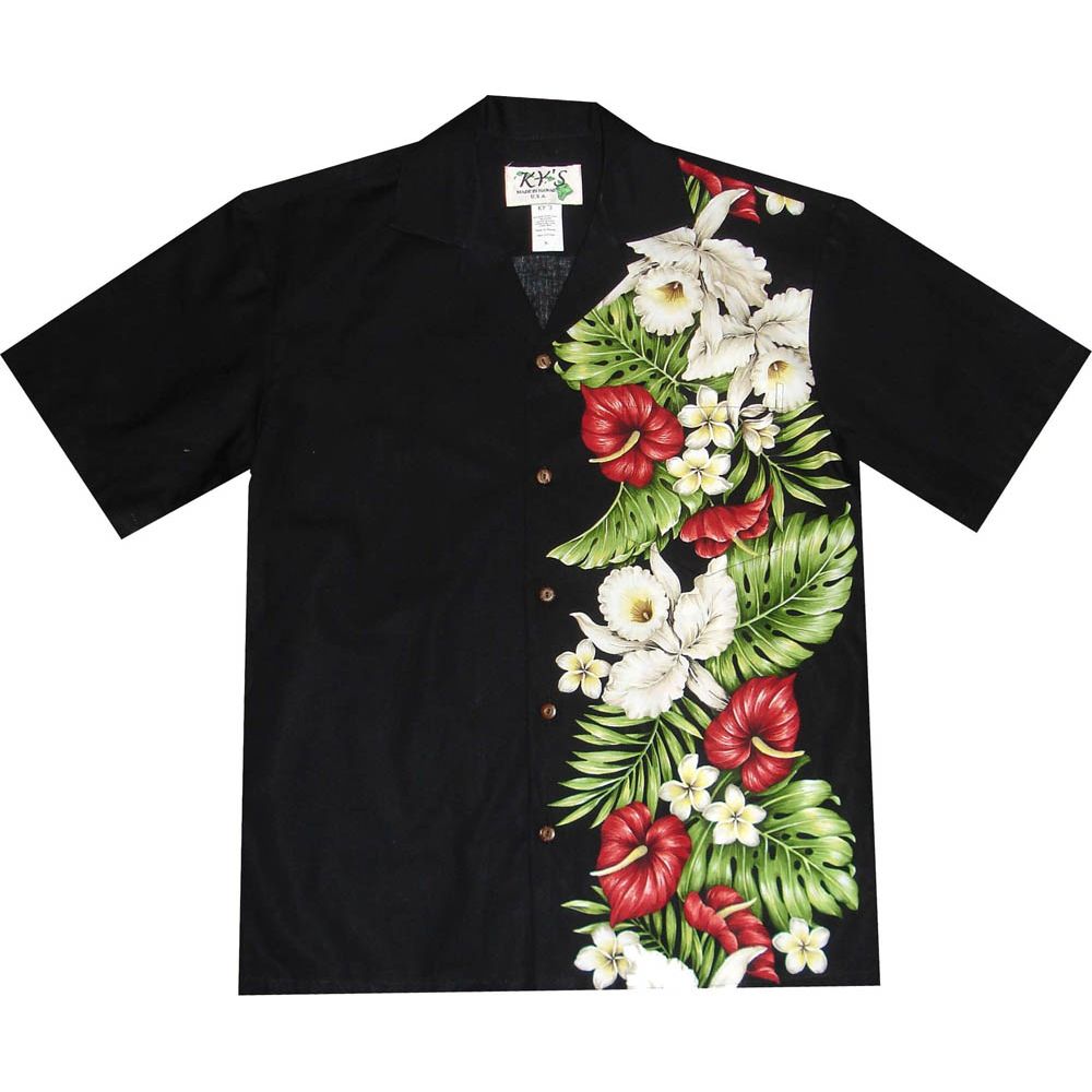 ALB-488B- Kona Tropical Flower Black Cotton Mens Hawaiian Shirt
