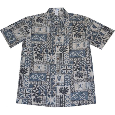 AL 378B - Block Honu Tapa Black Cotton Mens Aloha Shirt