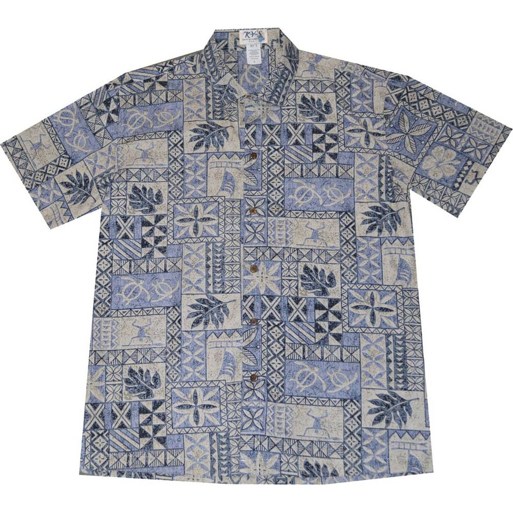 ALS-378 BL- Block Honu Tapa Navy Cotton Slim Fit Hawaiian Shirt
