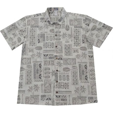 ALS-510W -Traditional Tapa White Cotton Slim Fit Hawaiian Shirt