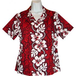 GAL-213R -Cotton WoMens Aloha Blouse Hibiscus Panel