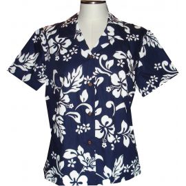 GAL-354NB-Cotton WoMens Aloha Blouse Original Hibiscus