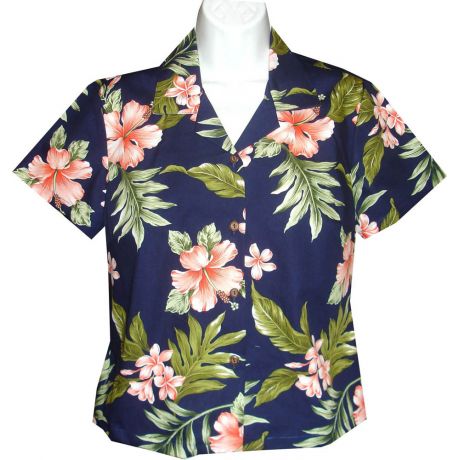 GAL-403NC - Cotton WoMens Aloha Blouse Coral Hibiscus