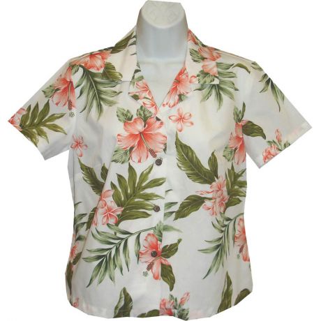 GAL-403WC - Cotton WoMens Aloha Blouse Coral Hibiscus