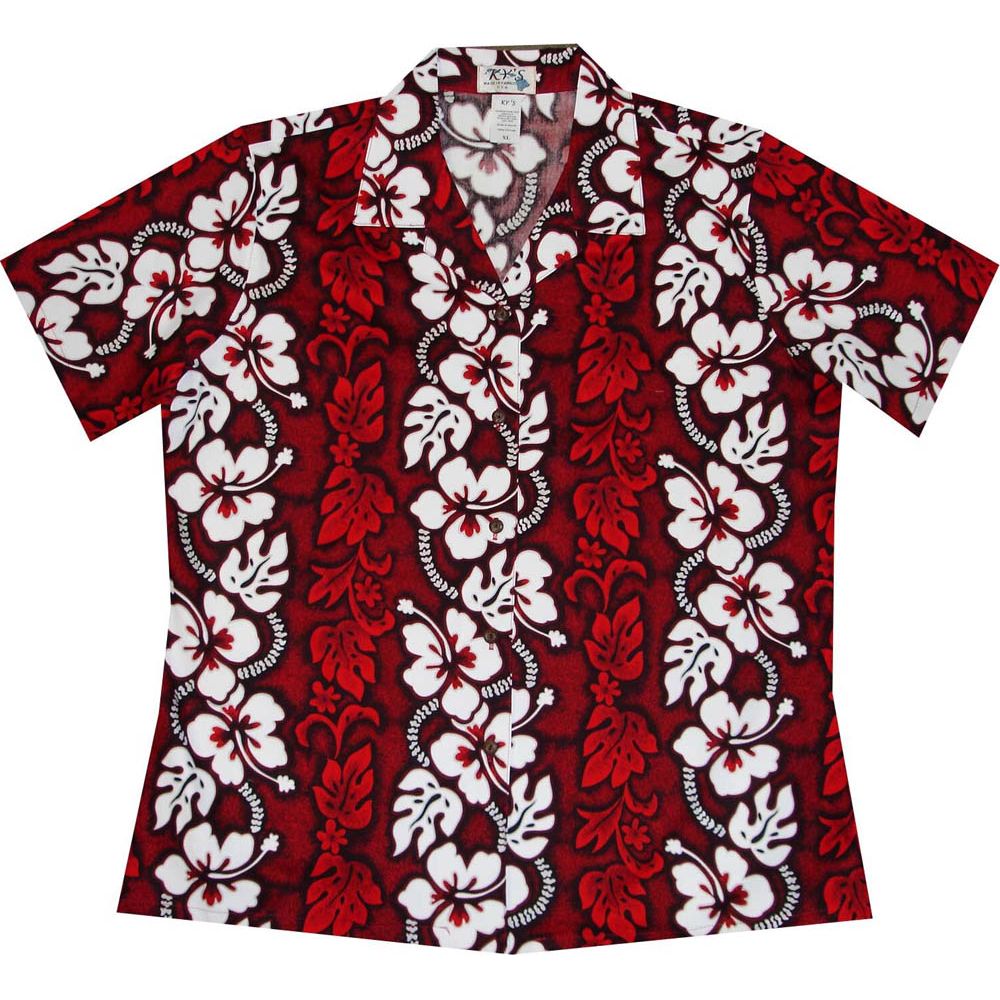 LAL-213R- Ladies Cotton Camp Aloha Shirt Hibiscus Panel