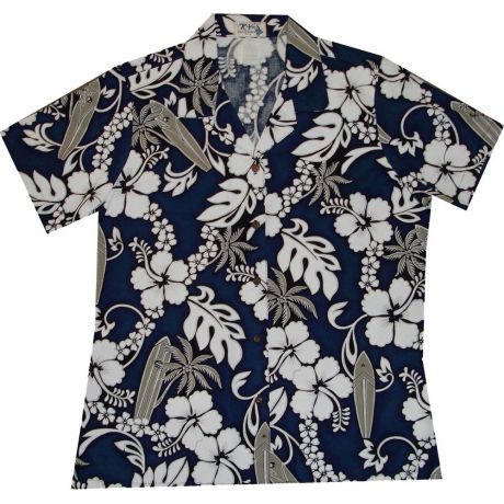 LAL-300NB-Ladies Cotton Camp Aloha Shirt Hibiscus Lei