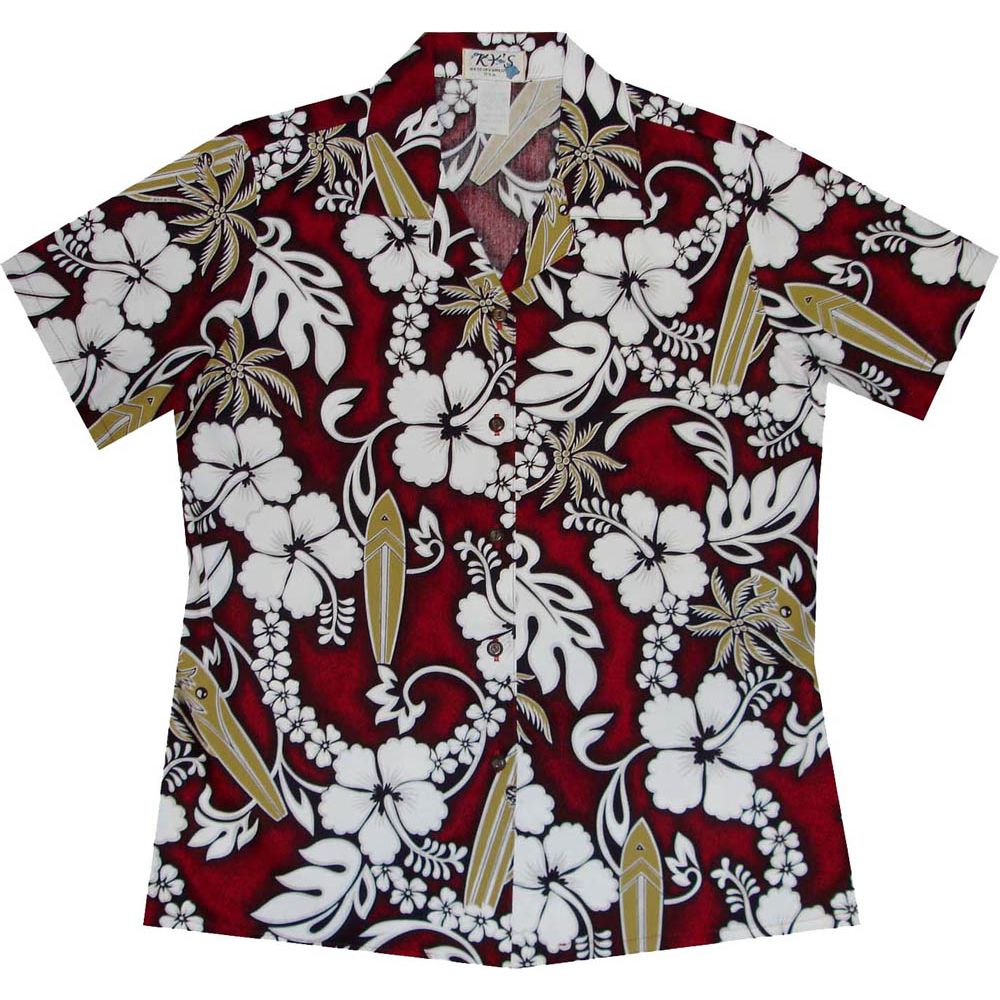 LAL-300R-Ladies Cotton Camp Aloha Shirt Hibiscus Lei