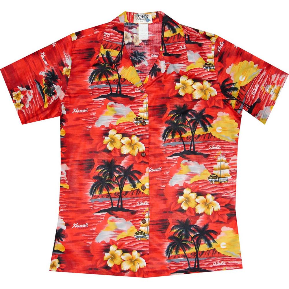 LAL-304R - Ladies Cotton Camp Aloha Shirt Hawaii Sunset