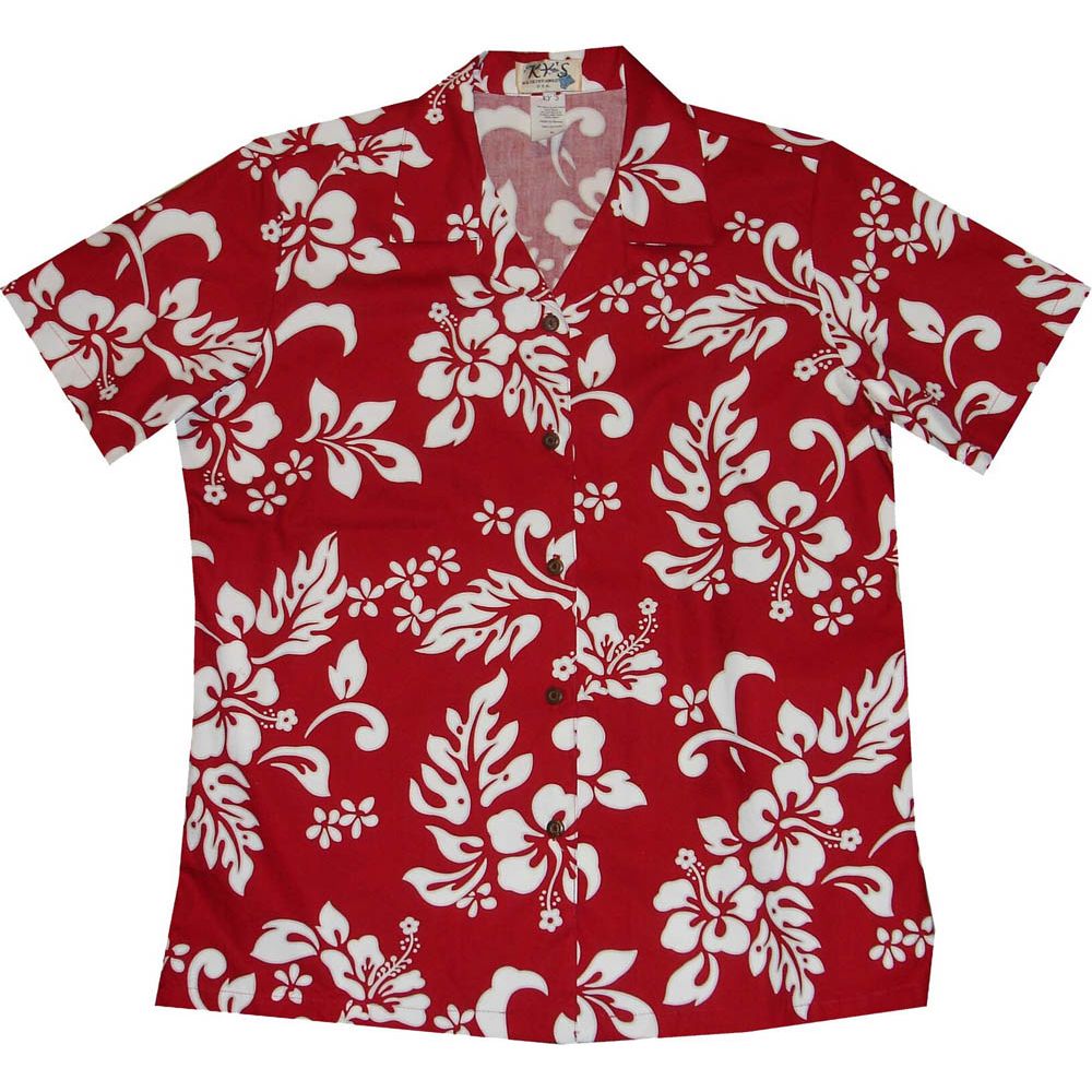 LAL-354R-Ladies Cotton Camp Aloha Shirt Original Hibiscus