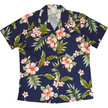 LAL-403NC - Ladies Cotton Camp Aloha Shirt Coral Hibiscus
