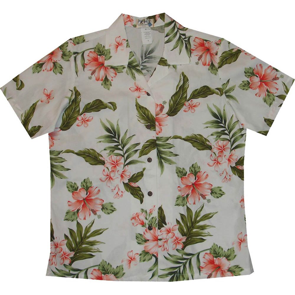 LAL-403WC - Ladies Cotton Camp Aloha Shirt Coral Hibiscus
