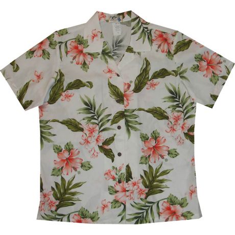 LAL-403WC - Ladies Cotton Camp Aloha Shirt Coral Hibiscus