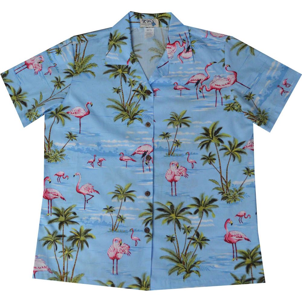LAL-406BL - Ladies Cotton Camp Aloha Shirt Pink Flamingo Island