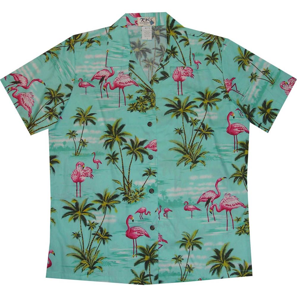 LAL-406G - Ladies Cotton Camp Aloha Shirt Pink Flamingo Island