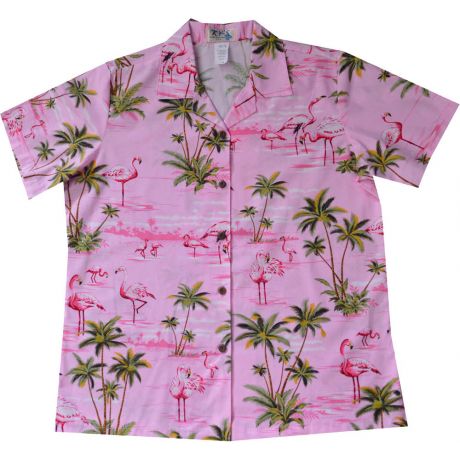 LAL-406P - Ladies Cotton Camp Aloha Shirt Pink Flamingo Island