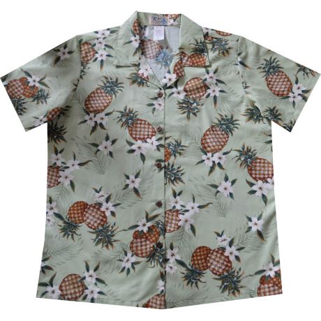 LAL-410G- Ladies Cotton Camp Aloha Shirt Pineapple
