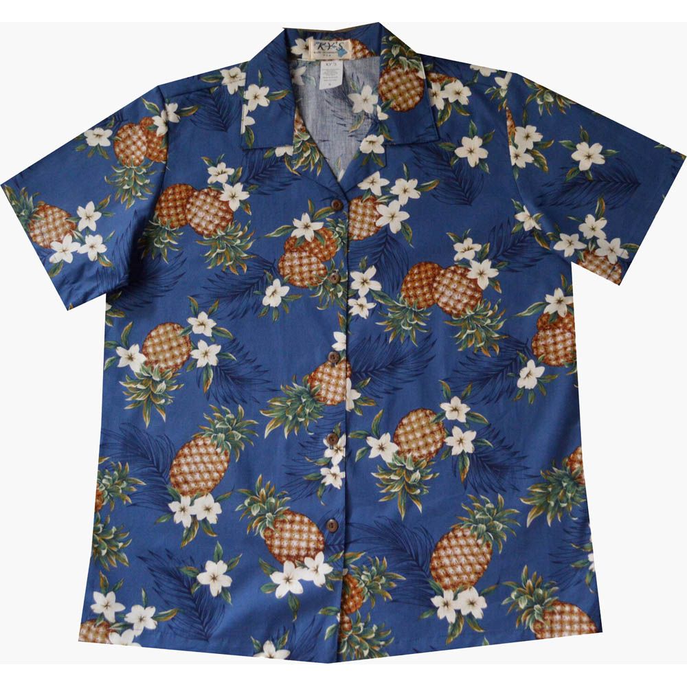 LAL-410NB- Ladies Cotton Camp Aloha Shirt Pineapple