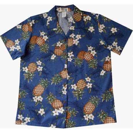 LAL-410NB- Ladies Cotton Camp Aloha Shirt Pineapple