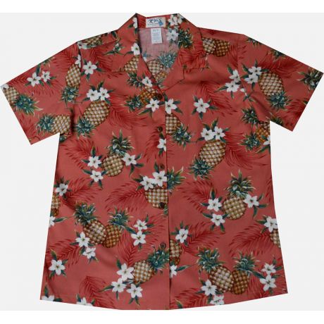 LAL-410R- Ladies Cotton Camp Aloha Shirt Pineapple