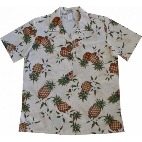 LAL-410W- Ladies Cotton Camp Aloha Shirt Pineapple