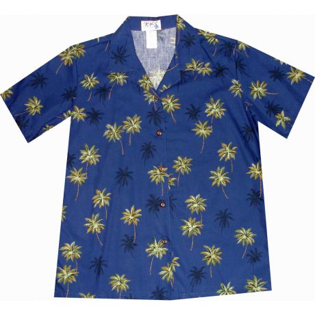 LAL-435NB -Ladies Cotton Camp Aloha Shirt Palm Trees Island