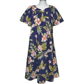 5M-403NC-Plumeria & Hibiscus Cotton Hawaiian Muumuu Dress