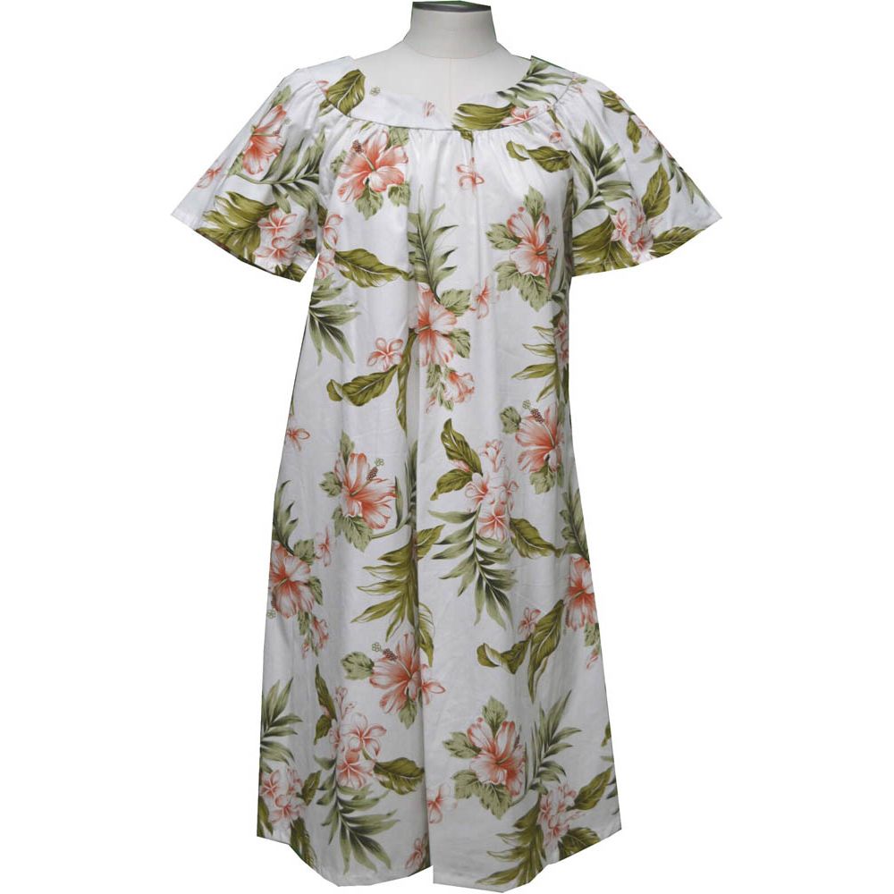 5M-403WC-Plumeria & Hibiscus Cotton Hawaiian Muumuu Dress