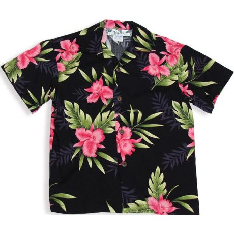 Two Palms Boys Hawaiian Shirt Orchid Fern in Black