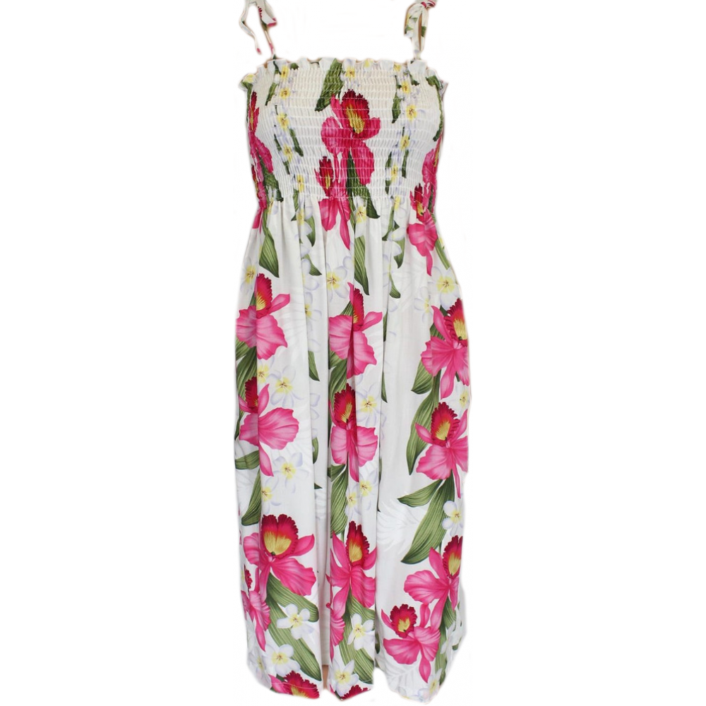 Tube Top Dress Plumeria Orchid Panel White