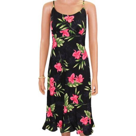 Spaghetti Strap Mid-length Dress Orchid Fern in Black