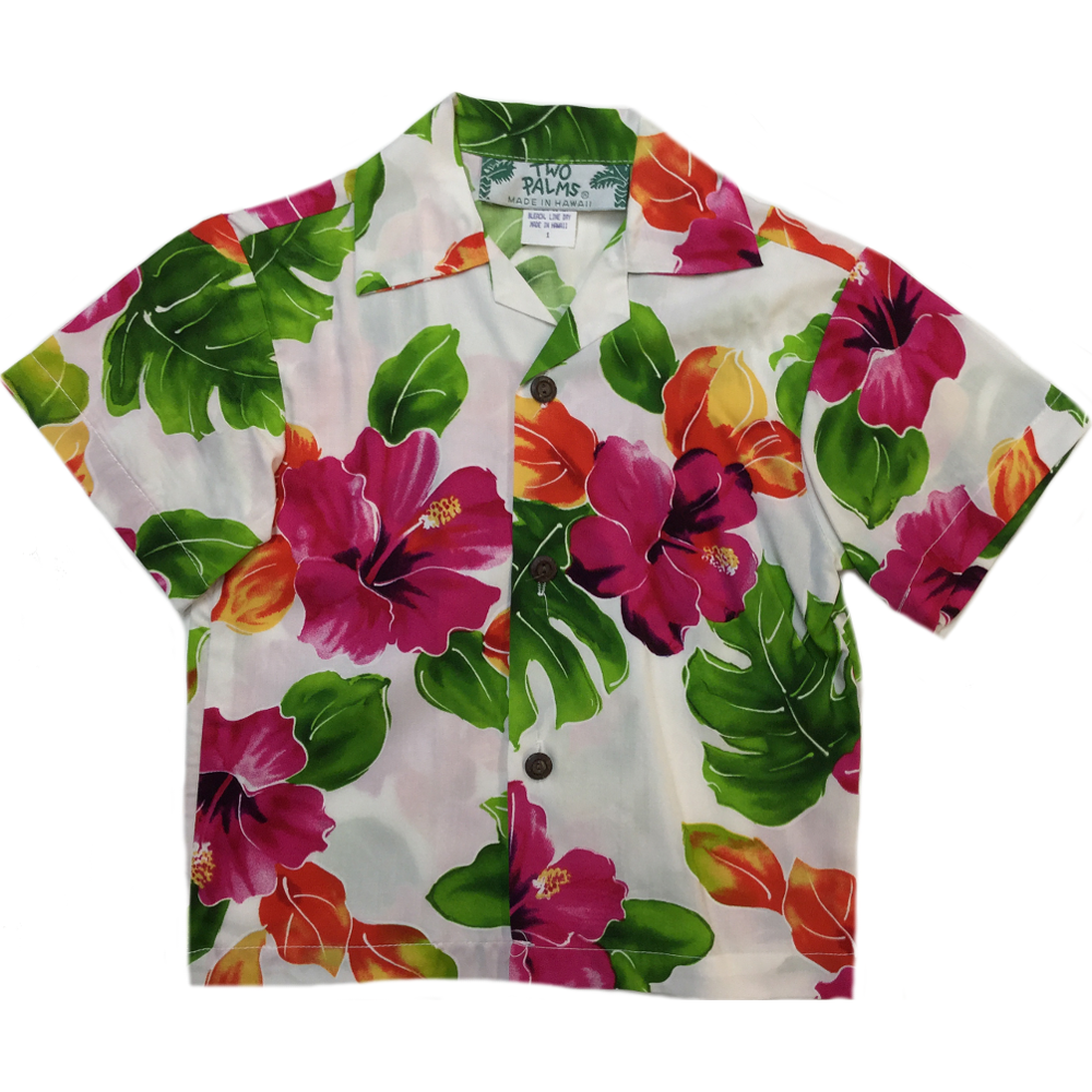 Two Palms Boys Hawaiian Shirt Hibiscus Watercolors White