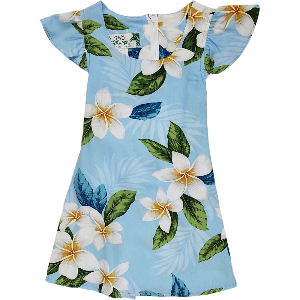 Girls Hawaiian Dress Plumeria Sky Light Blue