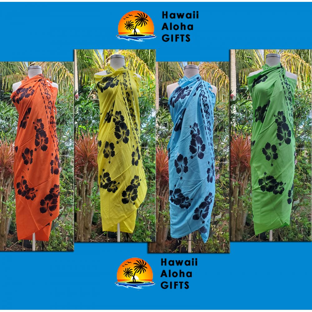 Hawaii Black Hibiscus Sarong Pareo Tropical Cruise Beach Pool Bikini Cover-Up Wrap Dress