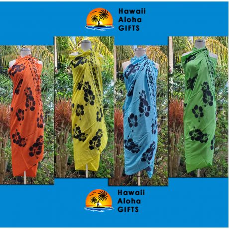 Hawaii Black Hibiscus Sarong Pareo Tropical Cruise Beach Pool Bikini Cover-Up Wrap Dress